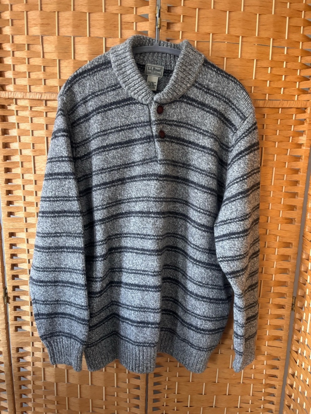 Vintage L.L. Bean Gray Striped Crewneck Henley Sweater